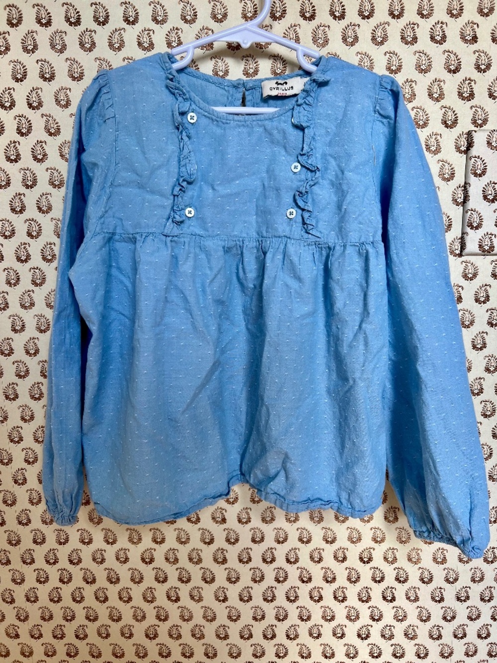 Cyrillus Paris Light Blue Ruffle Textured Cotton Long Sleeve Top Size 10